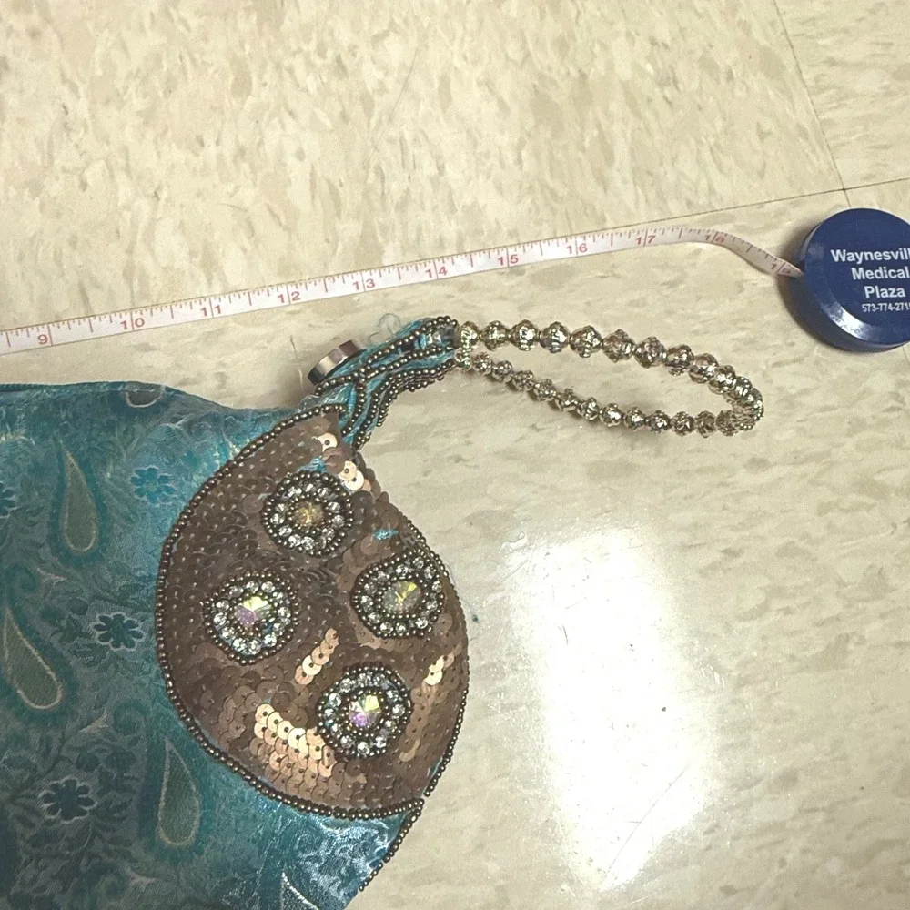 Turquoise Teal Paisley Brocade Wristlet Clutch Sequin Evening Bag Fortune Cookie